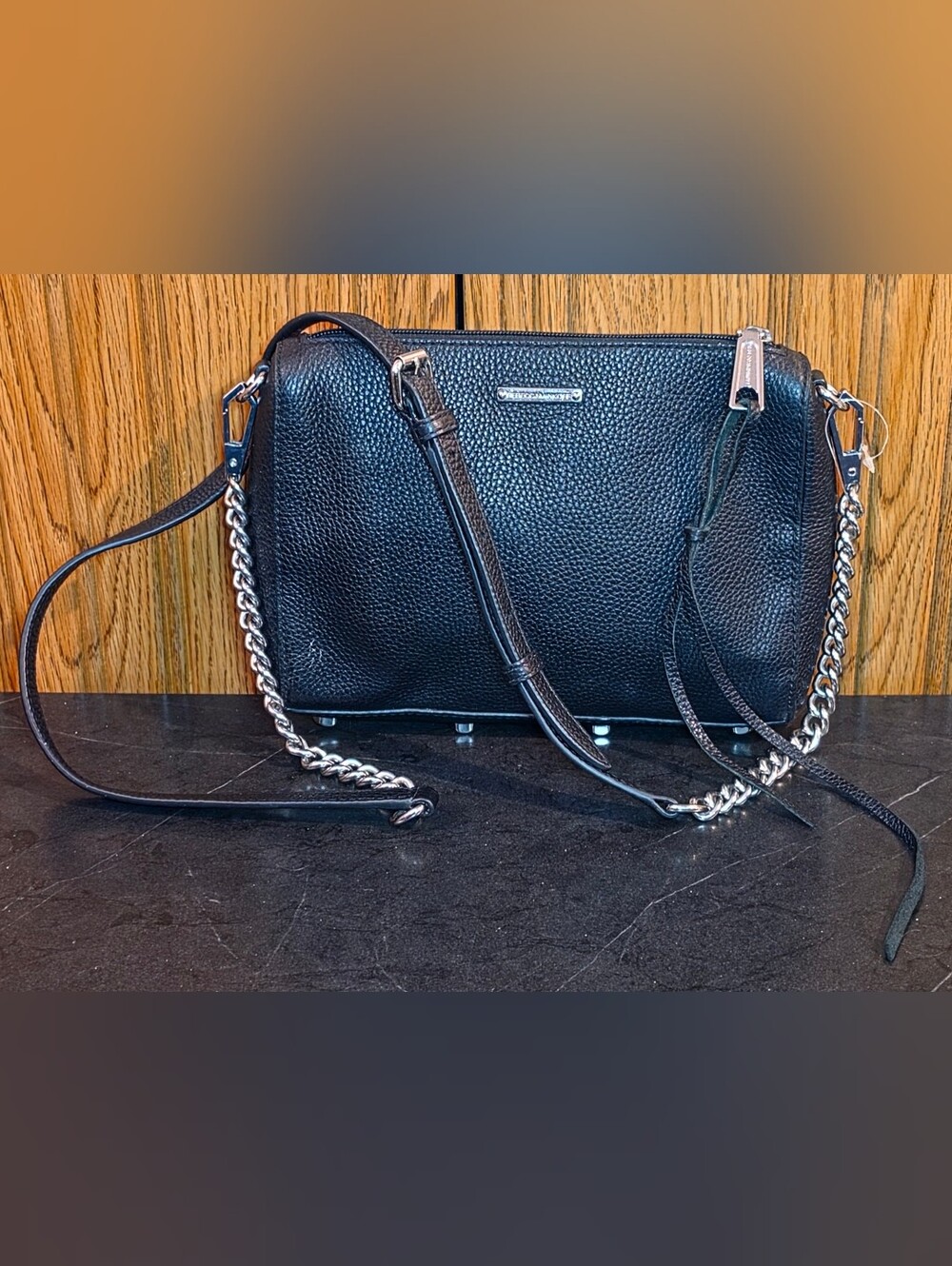 EUC Rebecca Minkoff Black Pebbled Leather Multi Zip Crossbody Bag Silver Chain - Picture 2 of 10